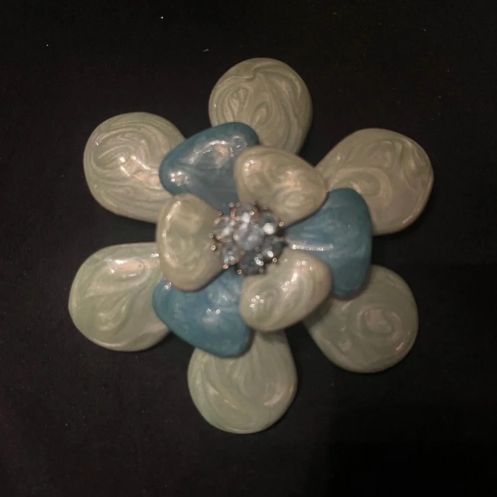 Vintage Large Blue and Green Enamel Flower Brooch with Blue Rhinestones